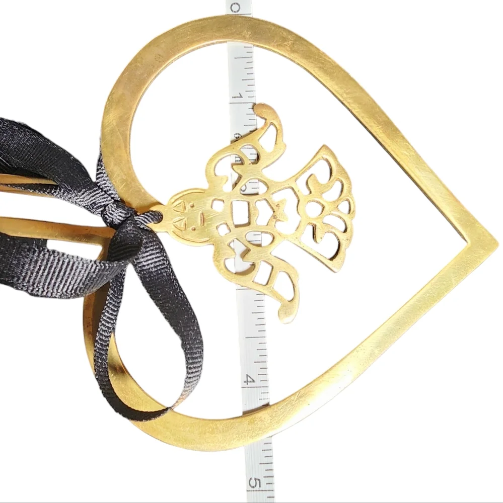 Vintage Brass Heart With Center Angel & Black‎ Ribbon Christmas Ornament 6